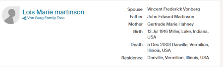 Lois Martinson VonBerg life info, Class of 1934