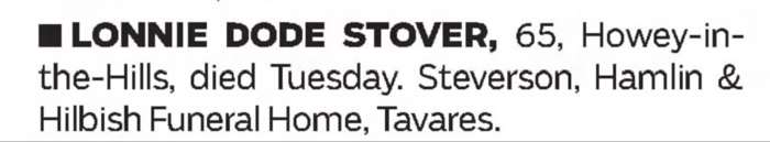 Lonnie Stover obituary notice, Class of 1965
