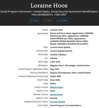 Loraine Hoos Speake Bashor, Class of 1933