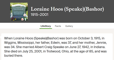 Loraine Hoos Speake Bashor, Class of 1933