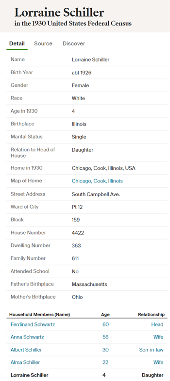 Lorraine Schiller Whyle life 1930 Census record, Class of 1943