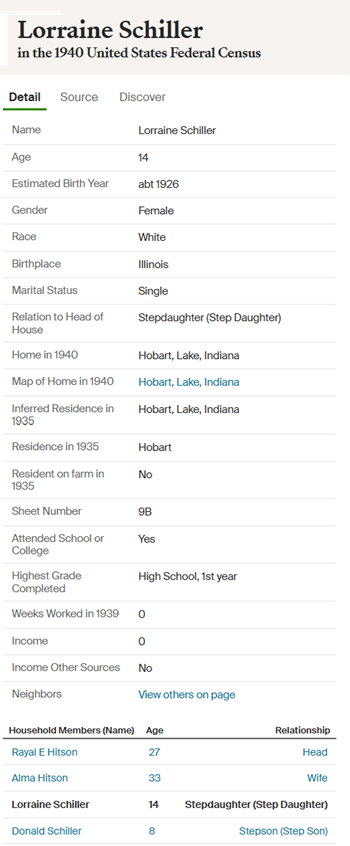 Lorraine Schiller Whyle life 1940 Census record, Class of 1943