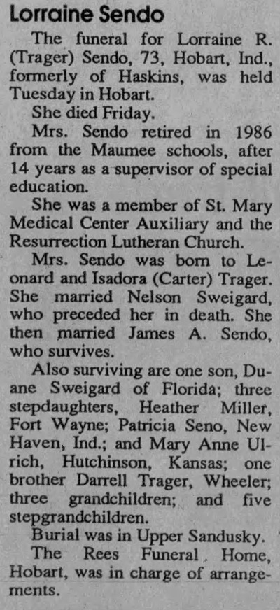 Lorraine Trager Sweigard Sendo obit1, Class of 1942