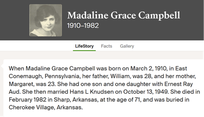 Madaline (Madeline) Camplbell Aud Knudsen marriage info, Class of 1928