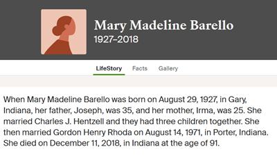 Madeline Barello Hentzell Rhoda Brush life info, Class of 1945
