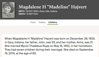 Madeline Hajvert Rupp life info, Class of 1951