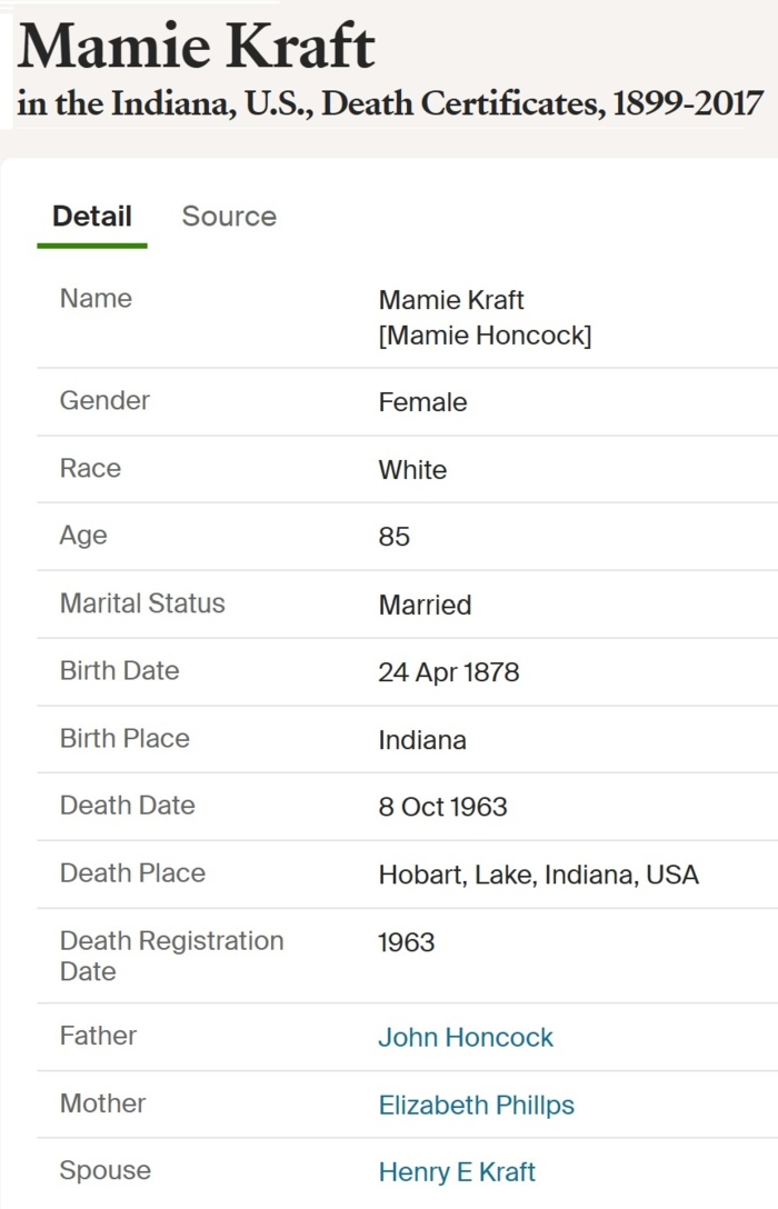 Mamie Hancock Kraft death certificate info, Class of 1894