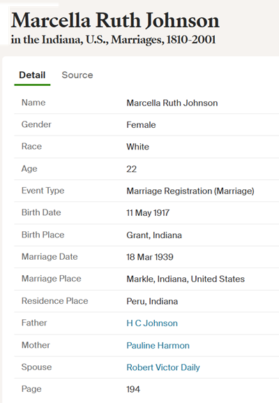 Marcella Johnson Daily marriage info, Class of 1936