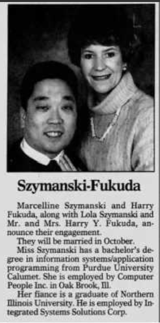 Marcy Symanski Fukuda marriage notice, Class of 1981