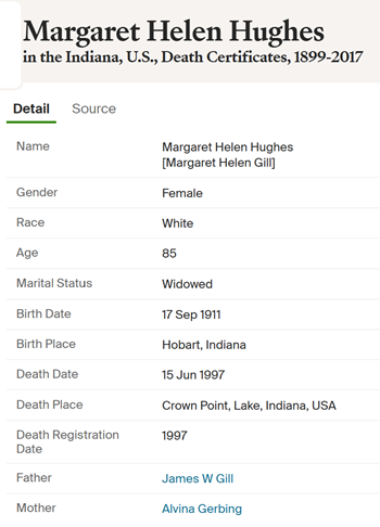 Margaret Helen Gill Hughes death certificate info, Class of 1929