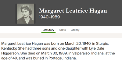 Margaret Leatrice Hagan Higgerson life info, Class of 1958