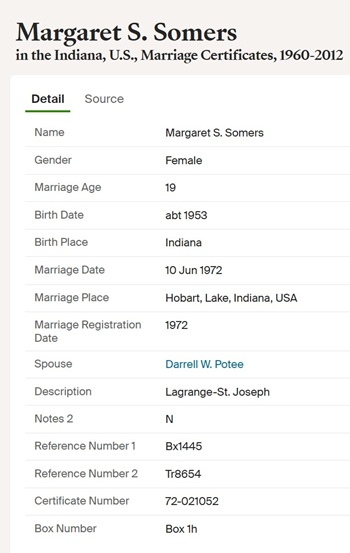 Margaret (Marge) Somers Press marriage info, Class of 1972