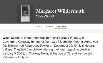 Margaret (Peggy) Wildermuth  life info, Class of 1947