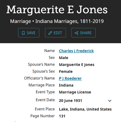Marguerite Jones Frederick marriage info, Class of 1931