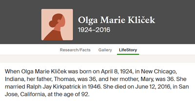 Marie Olga Klicek Kirkpatrick life info, Class of 1942