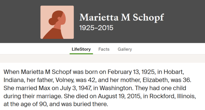 Marietta Peer Schopf life info, Class of 1943