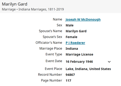 Marilyn Gard McDonough marriage info, Class of 1943