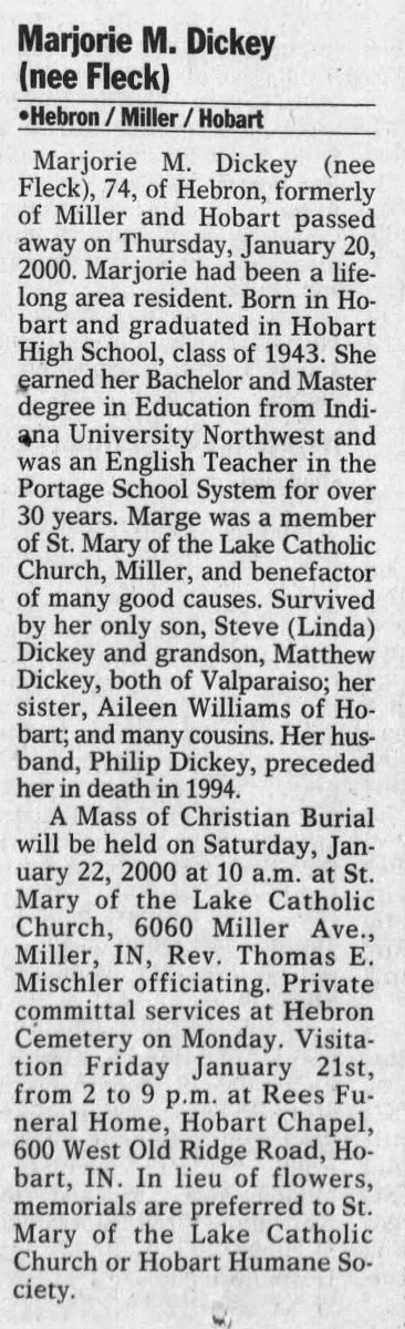 Marjorie (Marge) Fleck Dickey obituary, Class of 1943