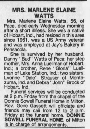 Marlele Luellman Watts obit, Class of 1952