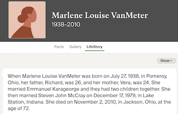 Marlene VanMeter life info, Class of 1956