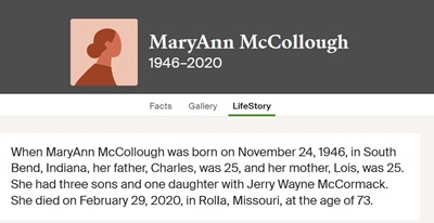 MaryAnn McCollough McCormack life info, Class of 1965