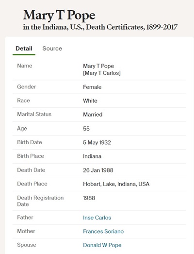 Mary Carlos Pope death cert info, Class of 1950