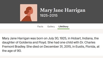 Mary Jane Harrigan Bradley life info, Class of 1943