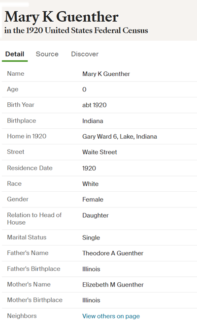 Mary Janssen Guenther Brunner census record, Class of 1939