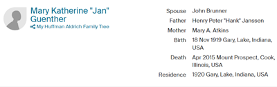 Mary Janssen Guenther Brunner Ancestry info, Class of 1939