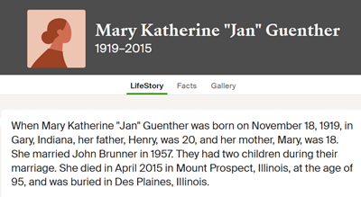 Mary Janssen Guenther life info, Class of 1939