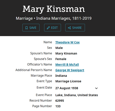Mary Kinsman Cox marriage info, Class of 1937