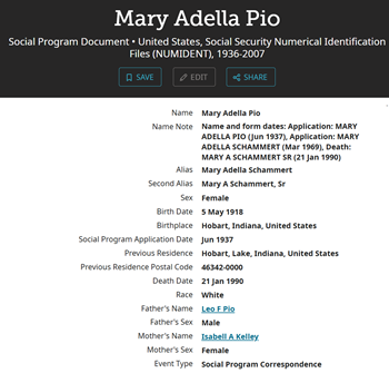 Mary Pio Schammert life info, Class of 1937