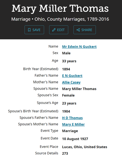 Mary Thomas Guckert marriage info, Class of 1923