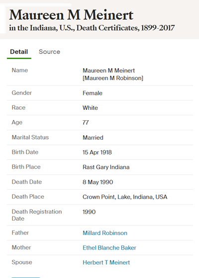 Maureen Robinson Stratton Meinert death cert info, Class of 1937