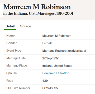 Maureen Robinson Stratton Meinert marriage info (Stratton), Class of 1937