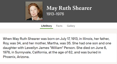 May (Mae) Shearer Person marriage info, Class of 1931