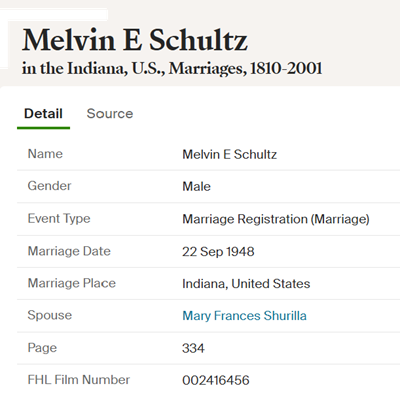 Melvin Schultz marriage info, Class of 1945