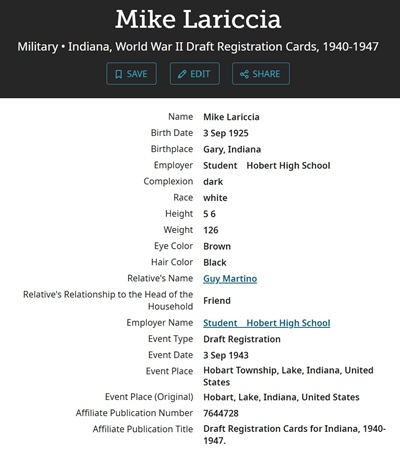 Mike Lariccia draft registration info, Class of 1945
