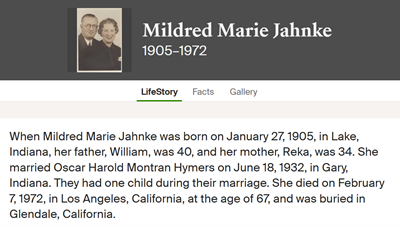 Mildred Jahnke Hymers, Class of 1922
