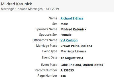 Mildred Katunich Glass marriage info, Class of 1949