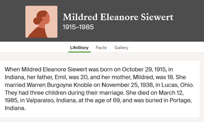 Mildred Siewert Knoble marriage info, Class of 1933