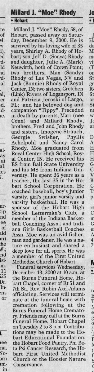 Millard "Moe" Rhody, Teacher, Newspaper obituary