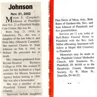 Miriam (Mim) Campbell Johnson obit, Class of 1936