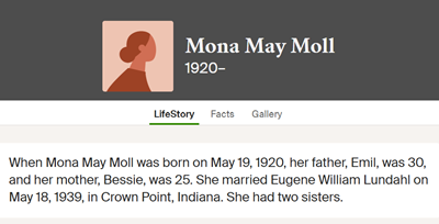 Mona Moll Lundahl, Class of 1938