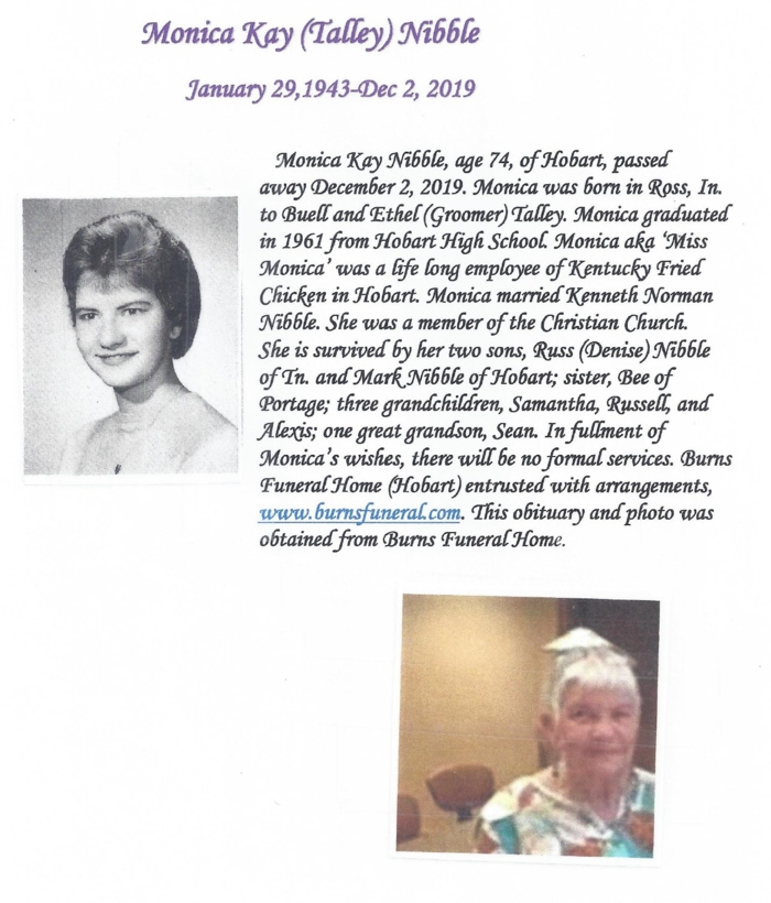 Monica Talley Nibbe obit, Class of 1961