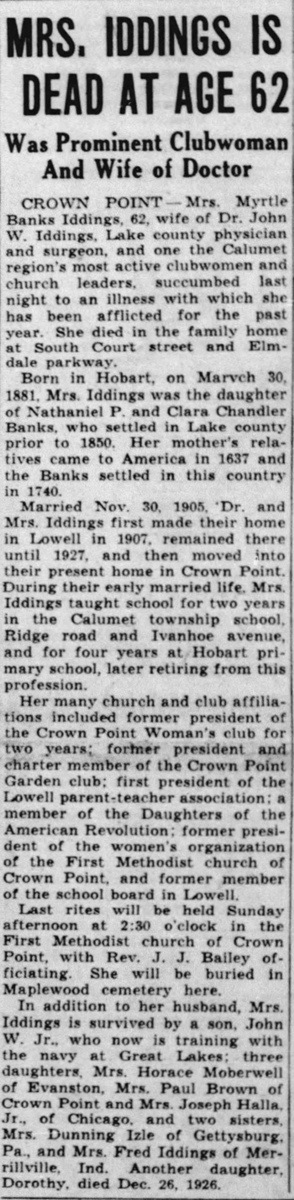 Myrtle Banks Iddings obituary article, Class of 1899
