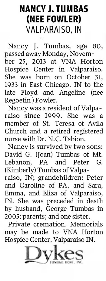 Nancy Fowler Tumbas obit, Class of 1943