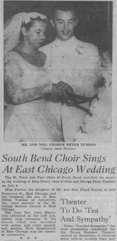 Nancy Fowler Tumbas wedding article, Class of 1943