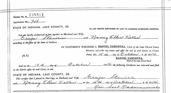 Nancy Heller Sgtanisic Ancestry marriage cert, Class or 1950
