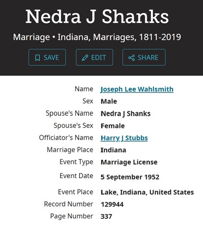 Nedra Shanks Wahlsmth marriage info, Class of 1951